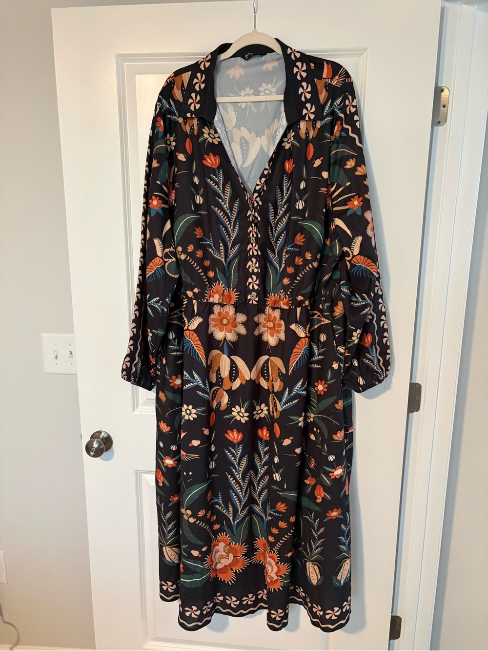 BloomChic Black Floral Midi Dress with Orange & Green Accents